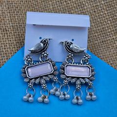 Oxidized Silver Earrings with Intricate White Detailing