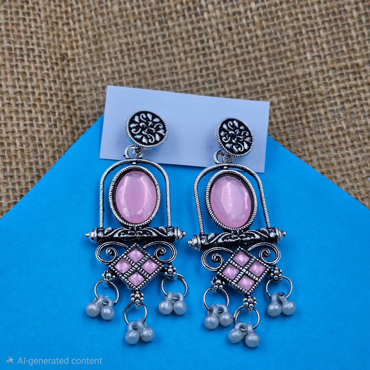 Light Pink Oxidized Stone Studded Dangler Earrings