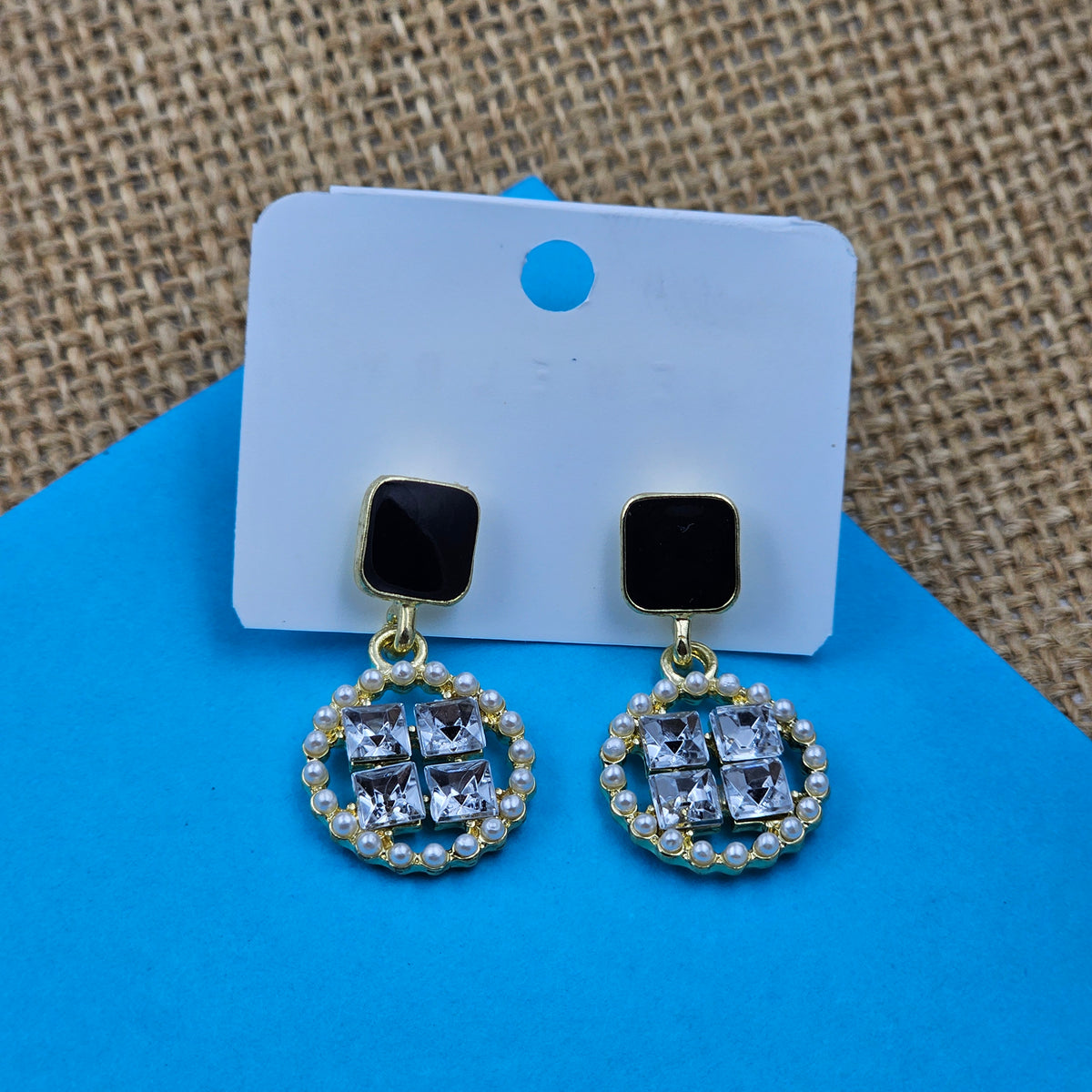 Korean Black Stone Drop Golden Stone Earrings