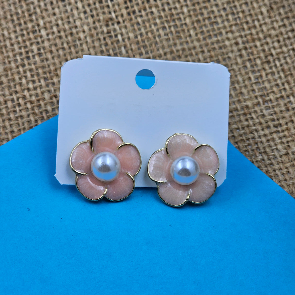 Pink Color Flower Studs Pearl Studded Earrings