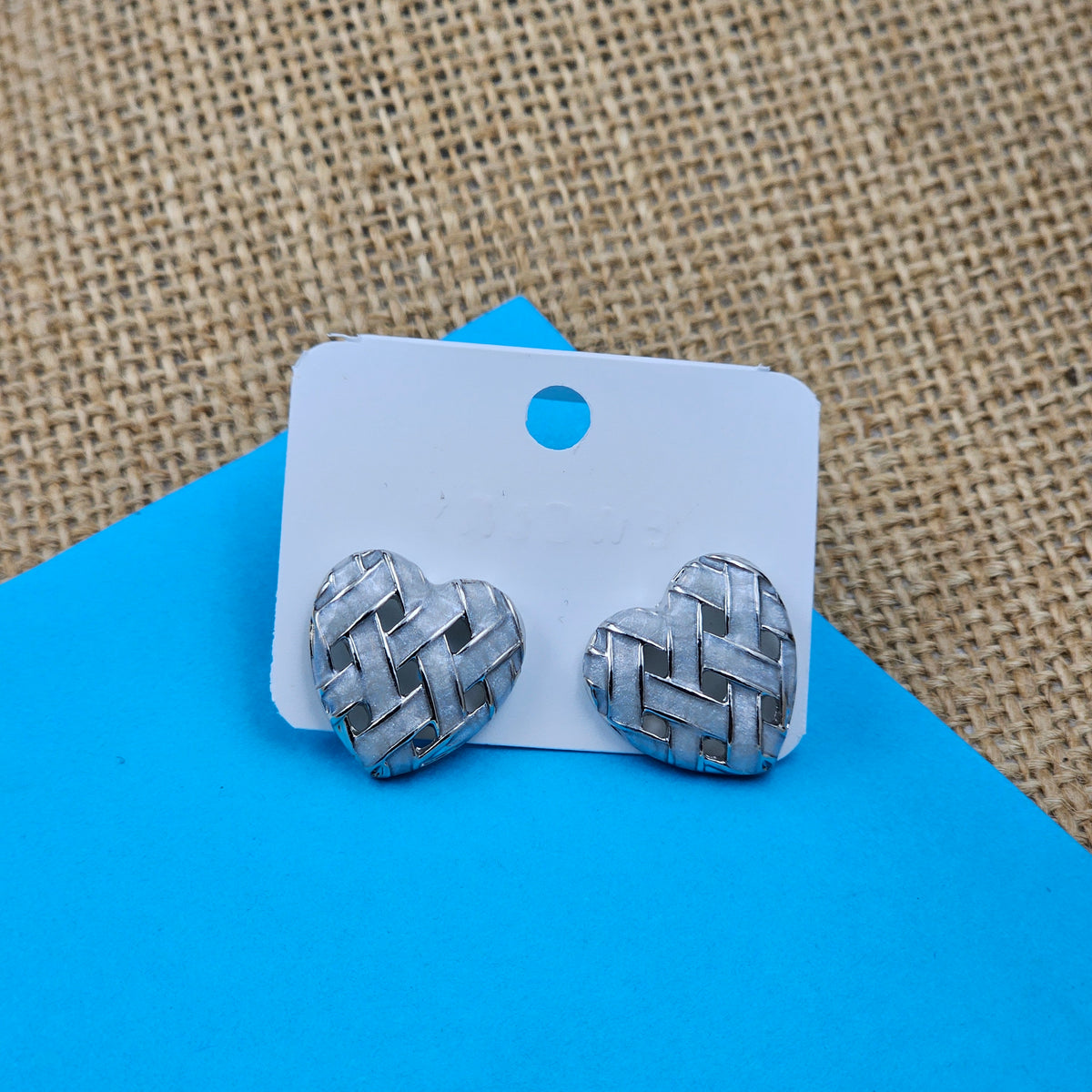 White & Silver Love Heart Studs Earrings