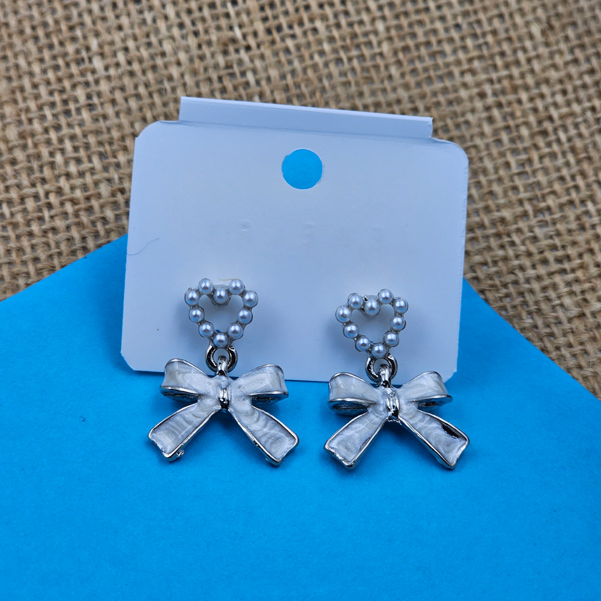 Heart & Bow Shape White Color Silver Korean Earrings