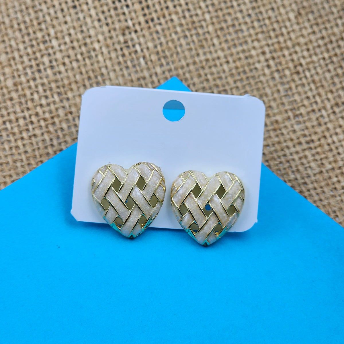 White & Golden Love Heart Studs Earrings