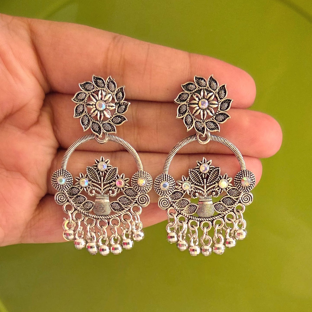 Flower Pot Design Rainbow Stone Chaandbali Silver Oxidised Earrings