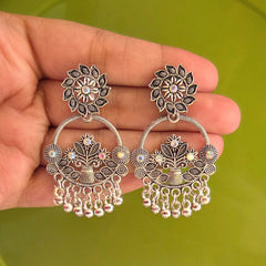Flower Pot Design Rainbow Stone Chaandbali Silver Oxidised Earrings