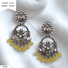 Yellow Color Drop Beads Floral Design Kundan Studded Silver Oxidised Earrings
