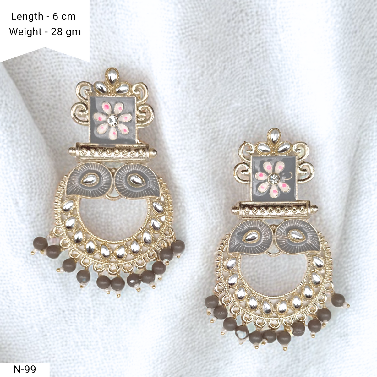 Grey Color Floral Meenakari Kundan Ethnic Golden Earrings