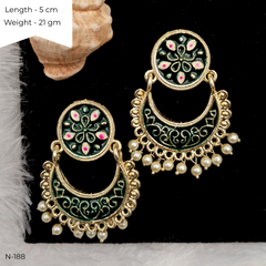 Dark Green Color Meenakari Chaandbali Drop White Beads Ethnic Golden Earrings