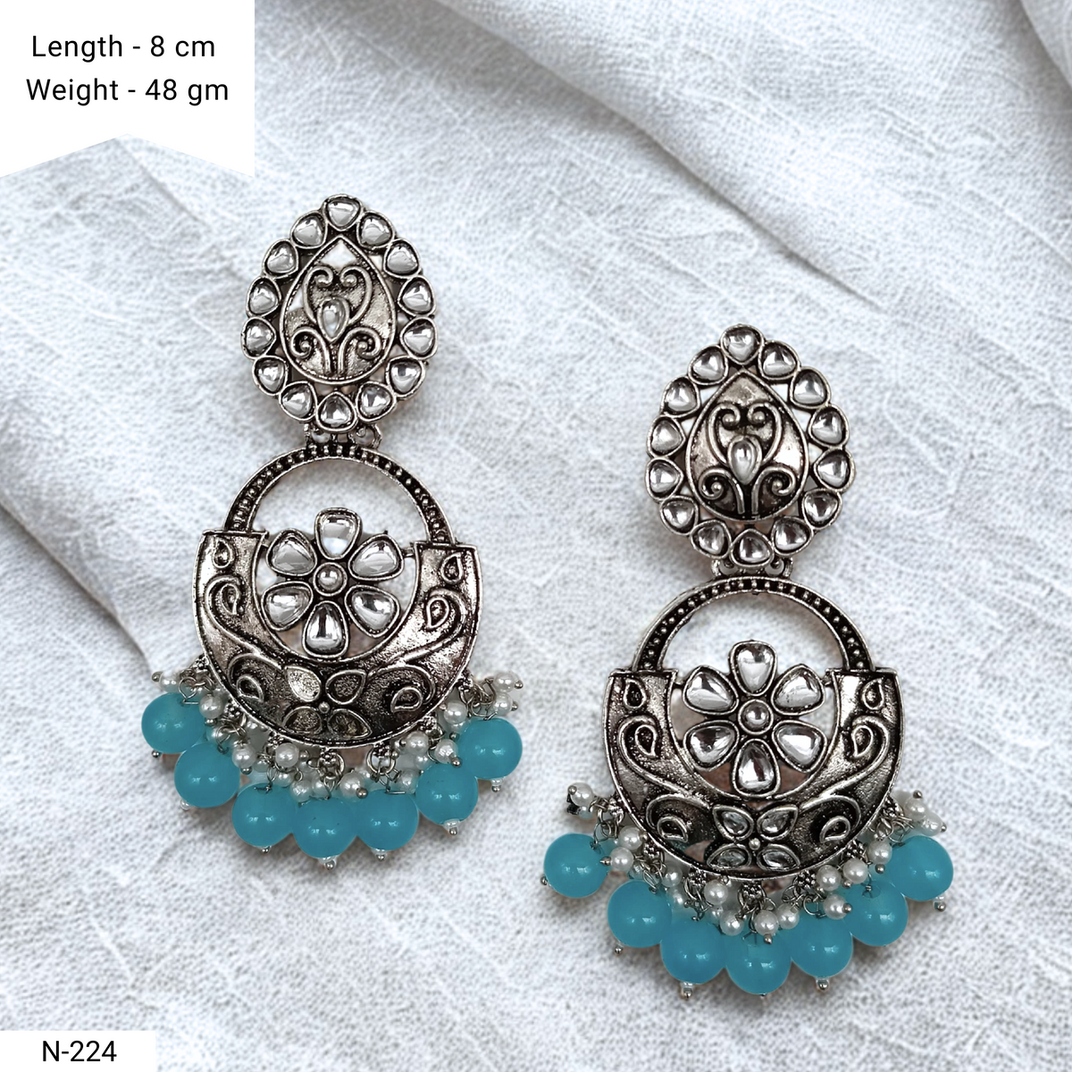 Blue Color Drop Beads Floral Design Kundan Studded Silver Oxidised Earrings