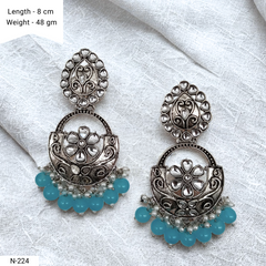 Blue Color Drop Beads Floral Design Kundan Studded Silver Oxidised Earrings