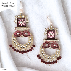Dark Red Color Floral Meenakari Kundan Ethnic Golden Earrings
