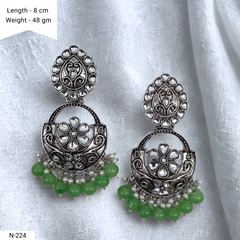 Green Color Drop Beads Floral Design Kundan Studded Silver Oxidised Earrings