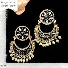 Black Color Meenakari Chaandbali Drop White Beads Ethnic Golden Earrings