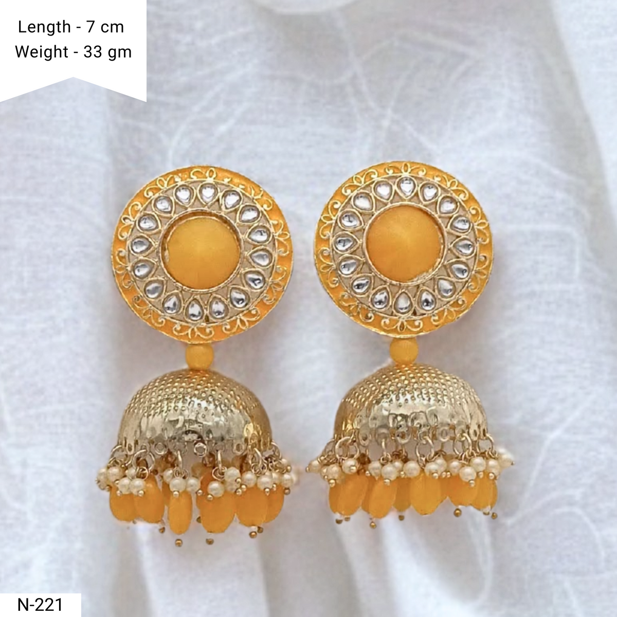 Yellow Color Polki & Beads Drop Golden Jhumka Earrings