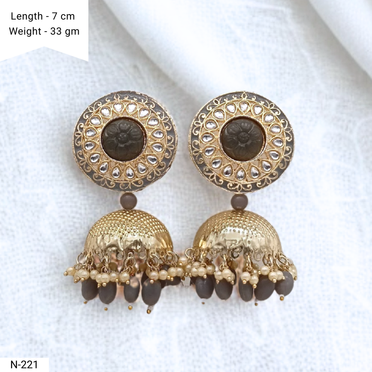 Dark Grey Color Polki & Beads Drop Golden Jhumka Earrings