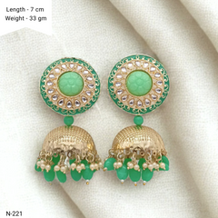Green Color Polki & Beads Drop Golden Jhumka Earrings