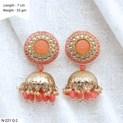 Orange Color Polki & Beads Drop Golden Jhumka Earrings