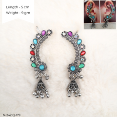 Multicolor Stone Jhumka Ear Cuffs Silver Oxidised Festive Season Earrings