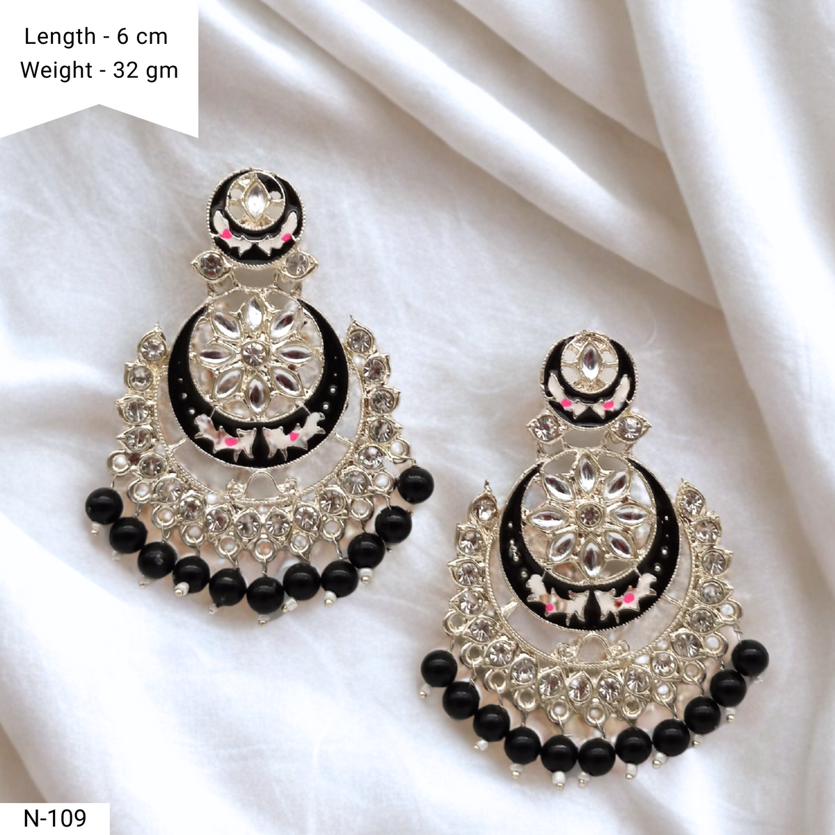 Black Color Chaandbali Meenakari Kundan Ethnic Golden Earrings