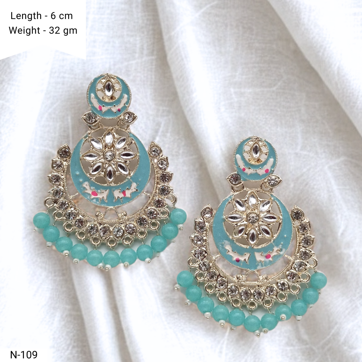 Blue Color Chaandbali Meenakari Kundan Ethnic Golden Earrings