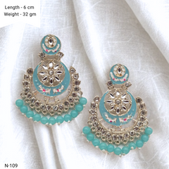 Blue Color Chaandbali Meenakari Kundan Ethnic Golden Earrings
