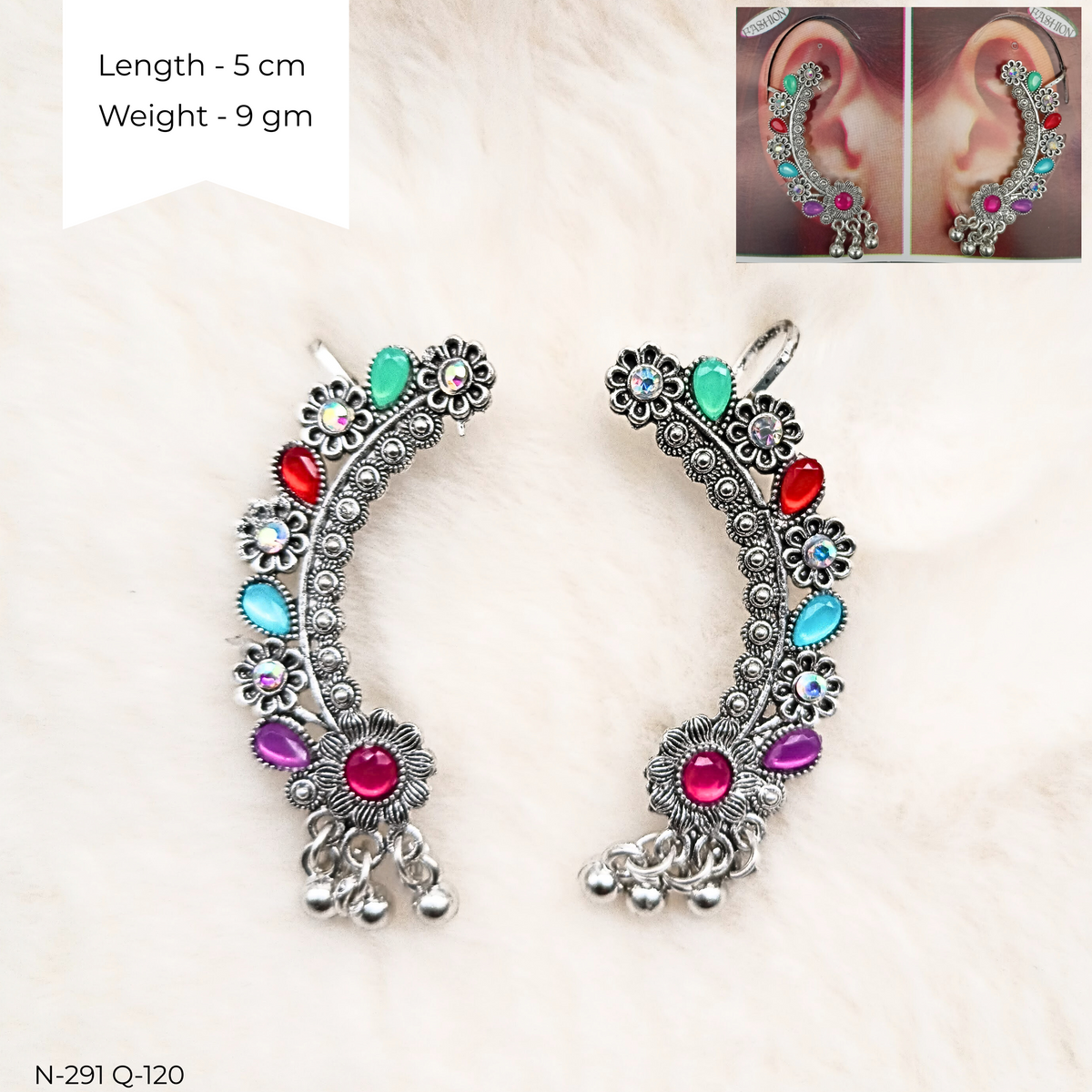 Flowers Multicolor Stone Ear Cuffs Silver Oxidised Festive Season Earrings