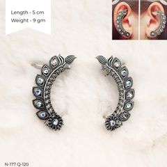 Leafs Design Rainbow Stone Ear Cuffs Silver Oxidised Festive Season Earrings