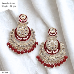 Red Color Chaandbali Meenakari Kundan Ethnic Golden Earrings