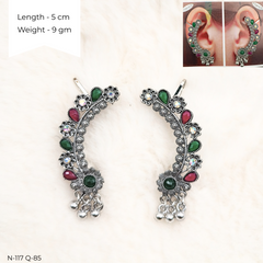 Green & Pink Stone Ear Cuffs Silver Oxidised Festive Season Earrings
