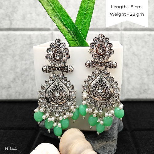 Green Color Beads Polki Ethnic Stone Studded Silver Oxidised Earrings