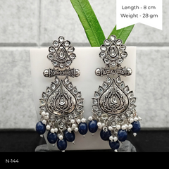 Dark Blue Color Beads Polki Ethnic Stone Studded Silver Oxidised Earrings
