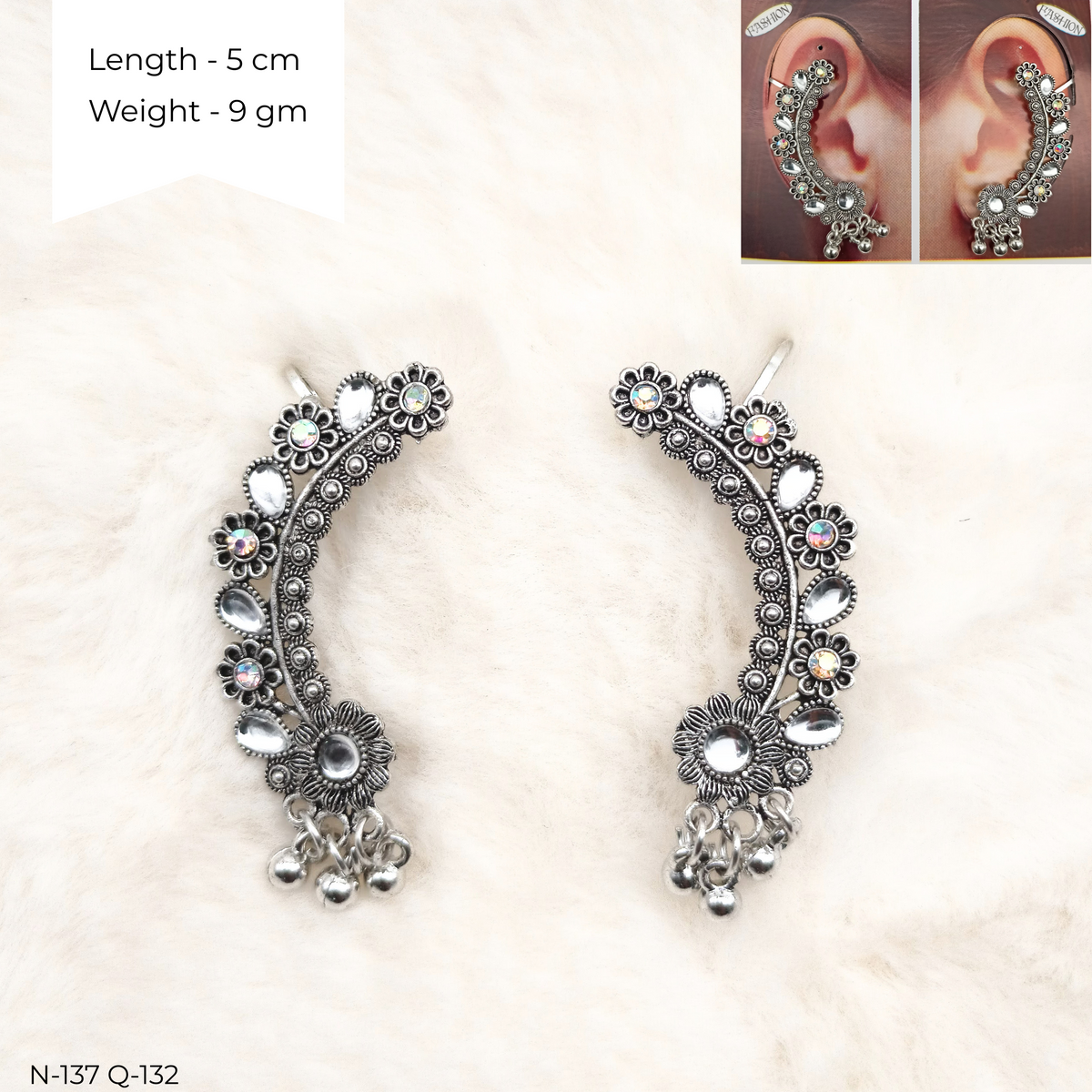 Classic Stone Ear Cuffs Silver Oxidised Festive Season Earrings