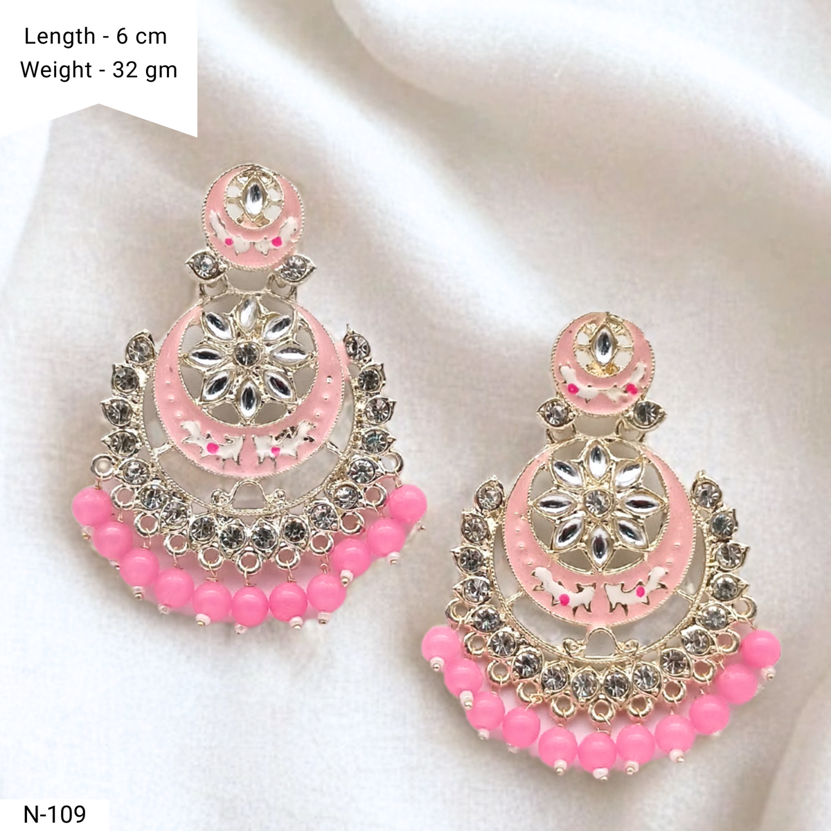 Baby Pink Color Chaandbali Meenakari Kundan Ethnic Golden Earrings