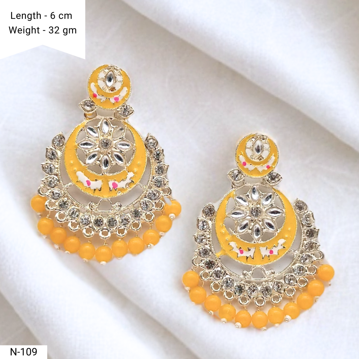Yellow Color Chaandbali Meenakari Kundan Ethnic Golden Earrings