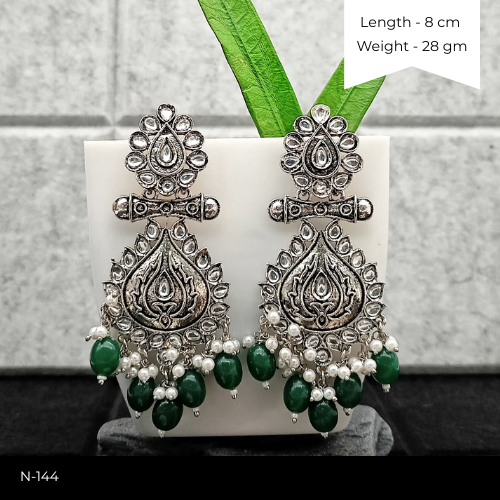 Green Color Beads Polki Ethnic Stone Studded Silver Oxidised Earrings