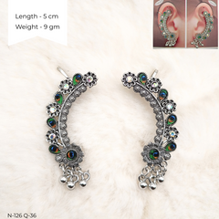 Peacock Stones Studded Ear Cuffs Silver Oxidised Festive Season Earrings