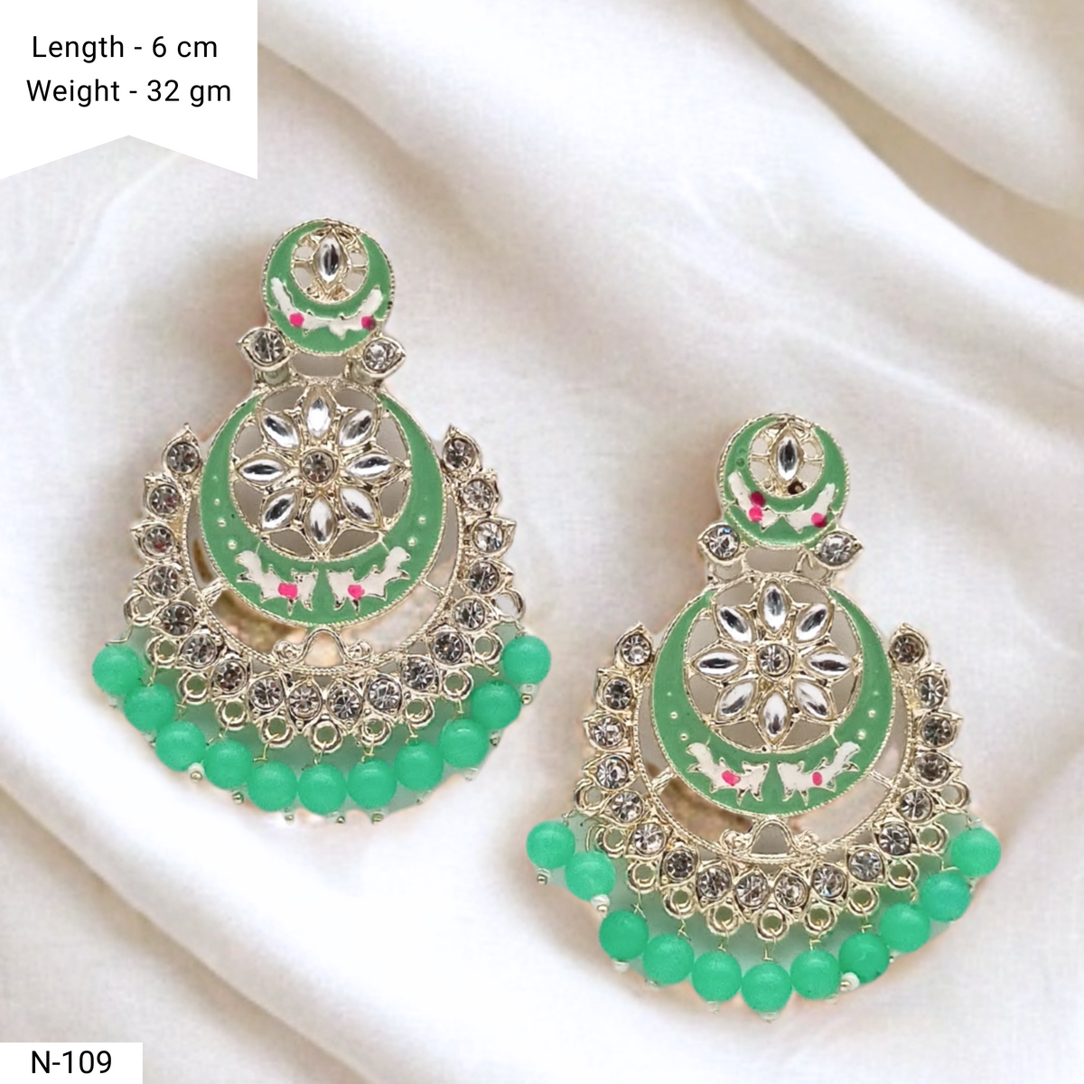 Green Color Chaandbali Meenakari Kundan Ethnic Golden Earrings