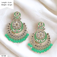 Green Color Chaandbali Meenakari Kundan Ethnic Golden Earrings
