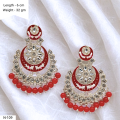 Bright Red Color Chaandbali Meenakari Kundan Ethnic Golden Earrings