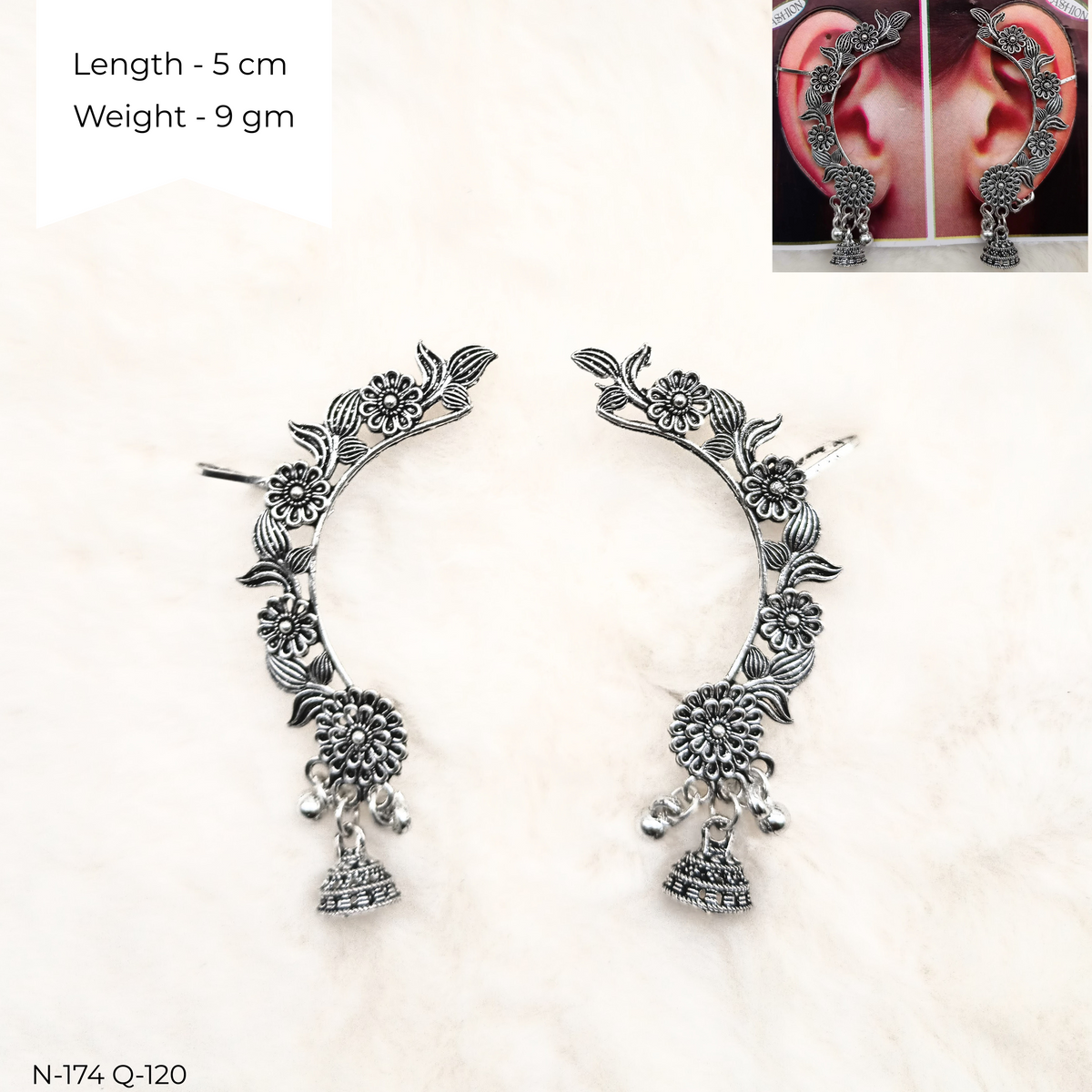 Flower Leaf Jhumka Ear Cuffs Silver Oxidised Festive Season Earrings