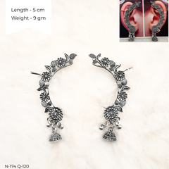 Flower Leaf Jhumka Ear Cuffs Silver Oxidised Festive Season Earrings