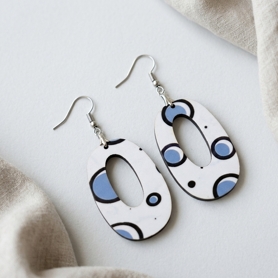 Abstract blue circle pattern wooden dangle earrings minimalist geometric jewelry for women Main image