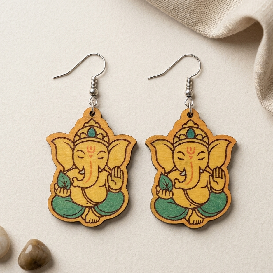 Bal Ganesha wooden earrings for women spiritual Lord Ganesha earrings traditional Indian festive jewelry