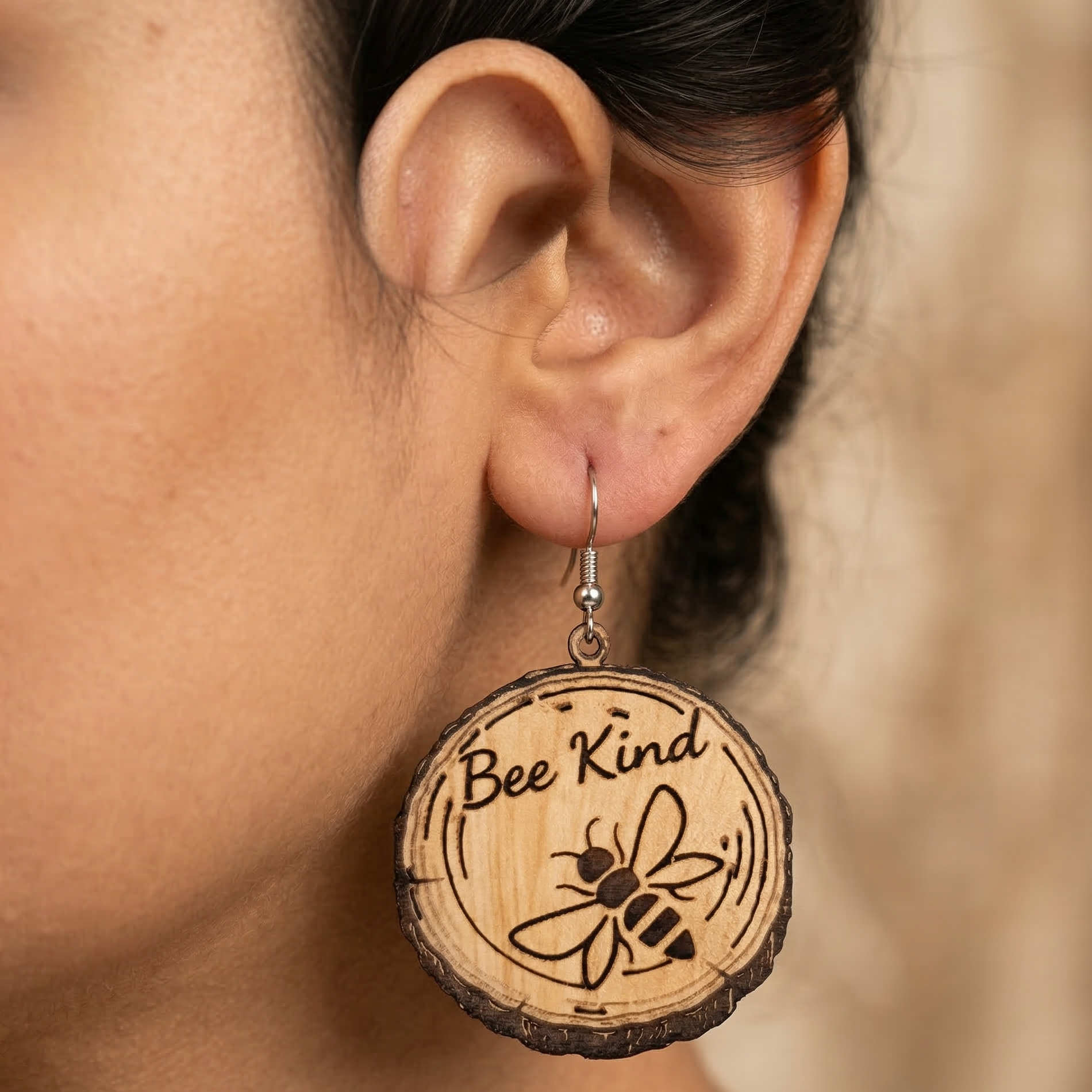 bee kind wooden earrings for women honeybee engraved round nature quote lightweight dangle earrings Main image