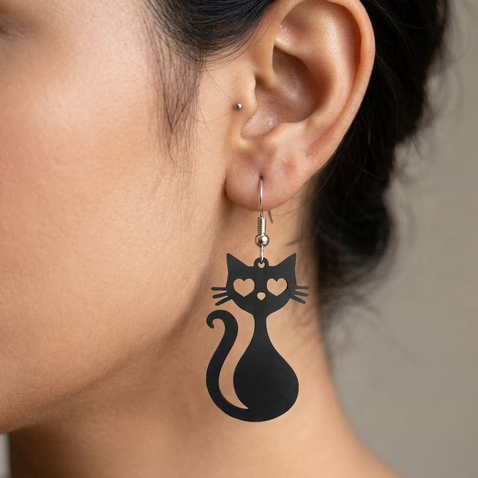 Black wooden drop earrings shaped like a sitting cat silhouette with heart cutouts for eyes