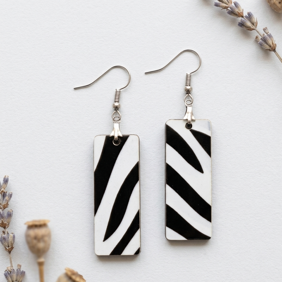 Black and white zebra stripe wooden rectangle earrings minimalist bold animal print jewelry