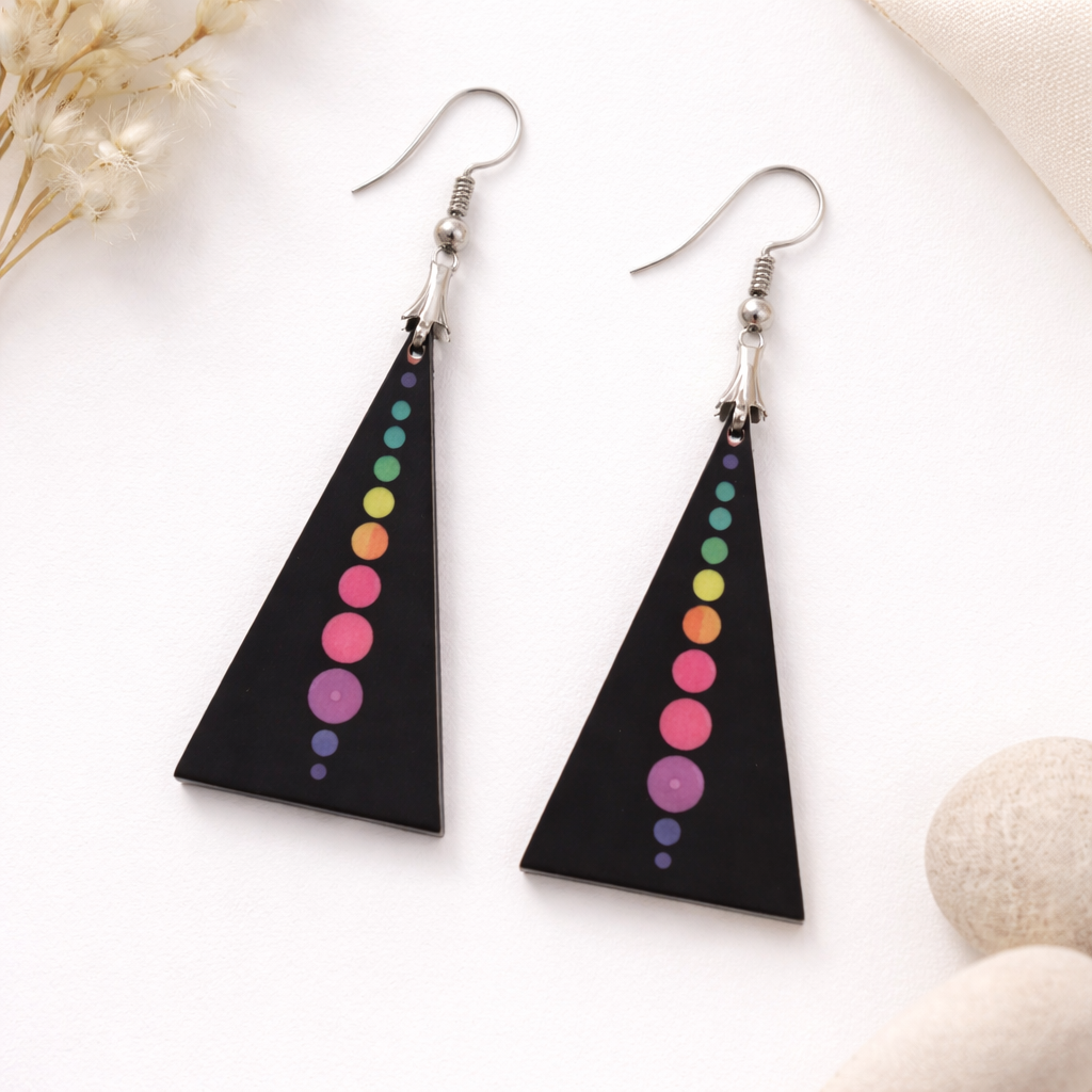 Black triangular wooden earrings with colorful chakra dot pattern for women minimalist geometric jewelry Main image