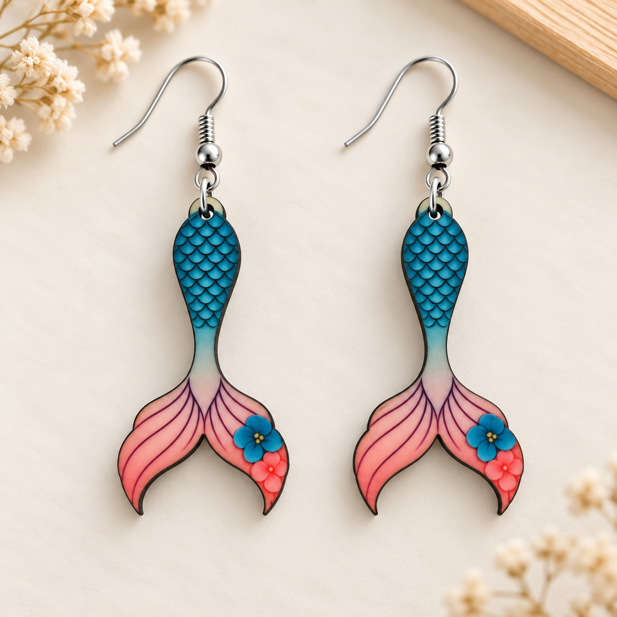 Blossom mermaid tail wooden earrings for women – teal scale and pink fin dangler with blue and coral flowers