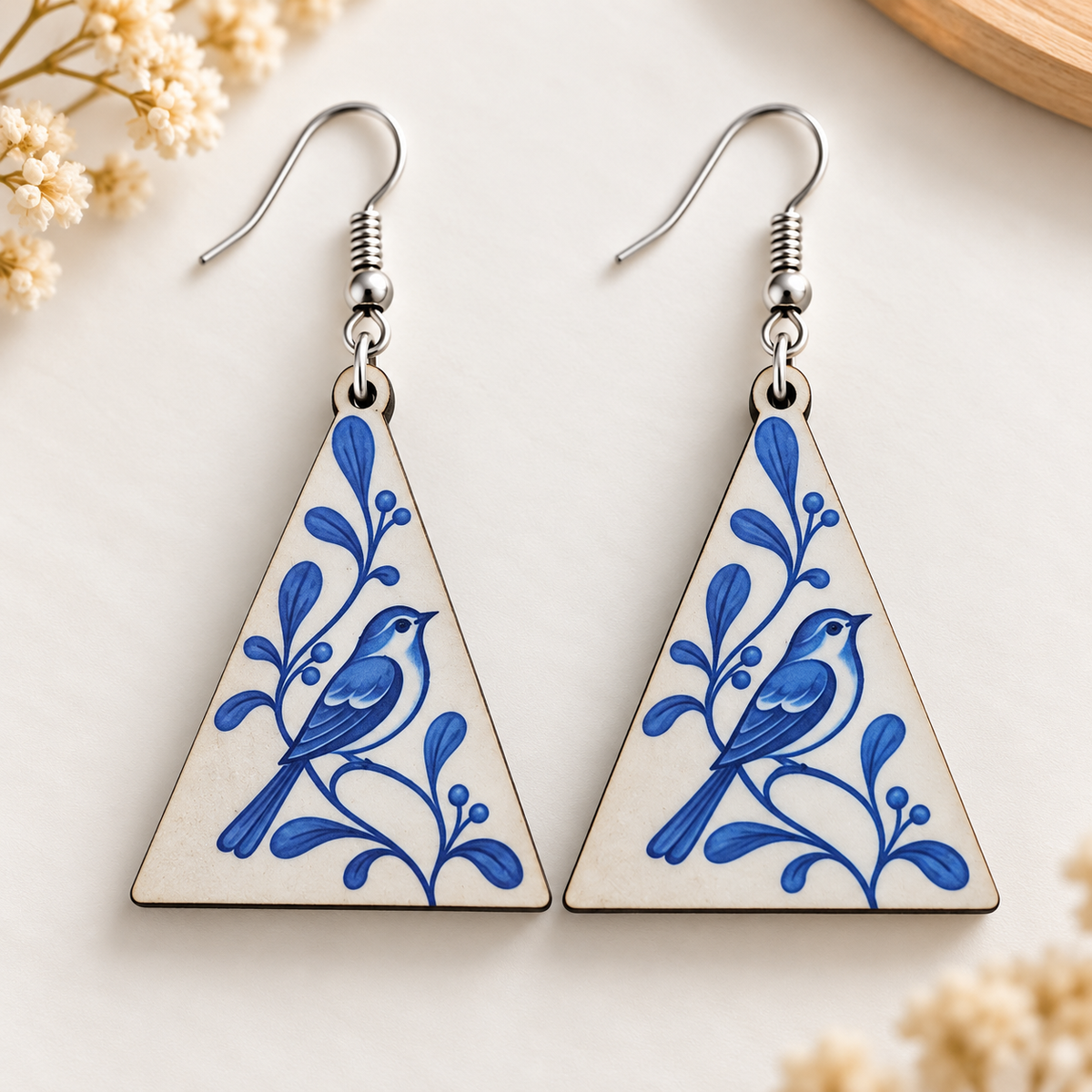 Blue bird branch wooden earrings for women – triangle dangler with cobalt blue bird and leaf print on cream white