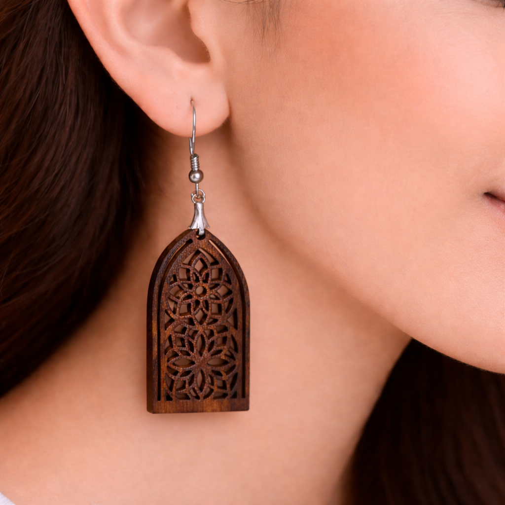 Boho Mandala Arch Earrings for Women | Intricate Wooden Statement Earrings Secondary image
